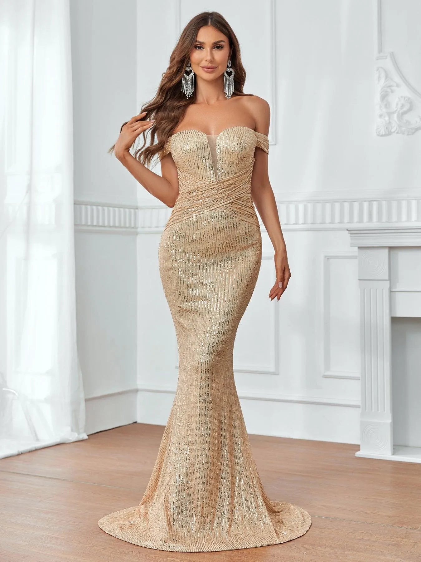 Contrast Mesh Off-Shoulder Mermaid Hem Sequin Formal Dress — authorized product image 3