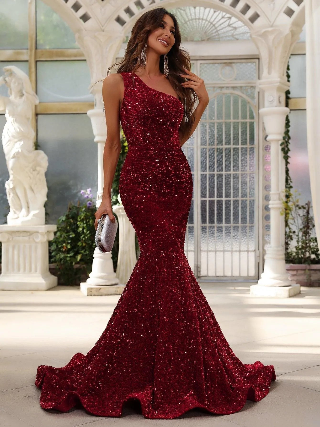 Additional product view of One-Shoulder Sequin Mermaid Sleeveless Maxi Evening Gown