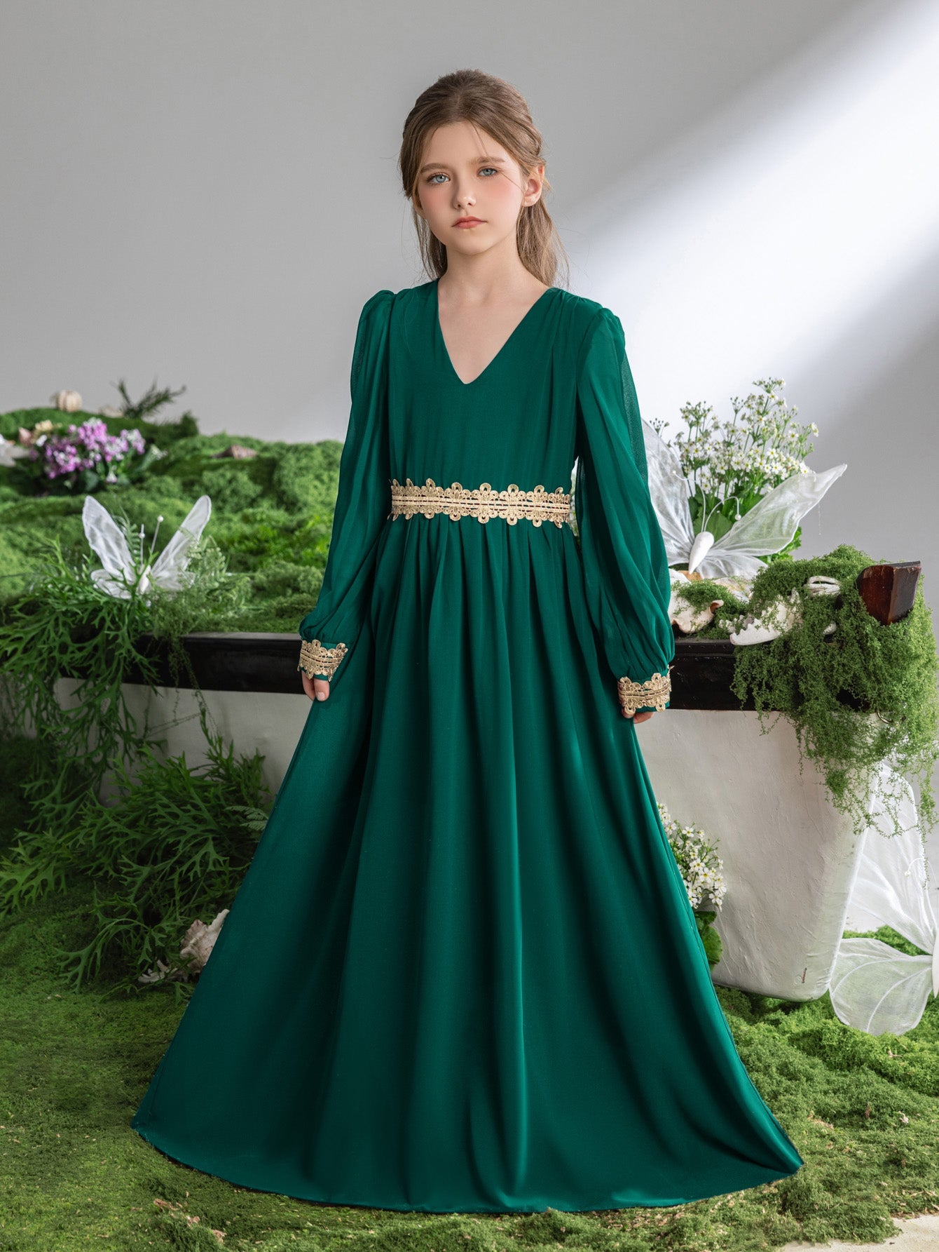 Tween Girls' Lace Trim Decoration V-neck Bishop Sleeves Chiffon Party Dress – view 19