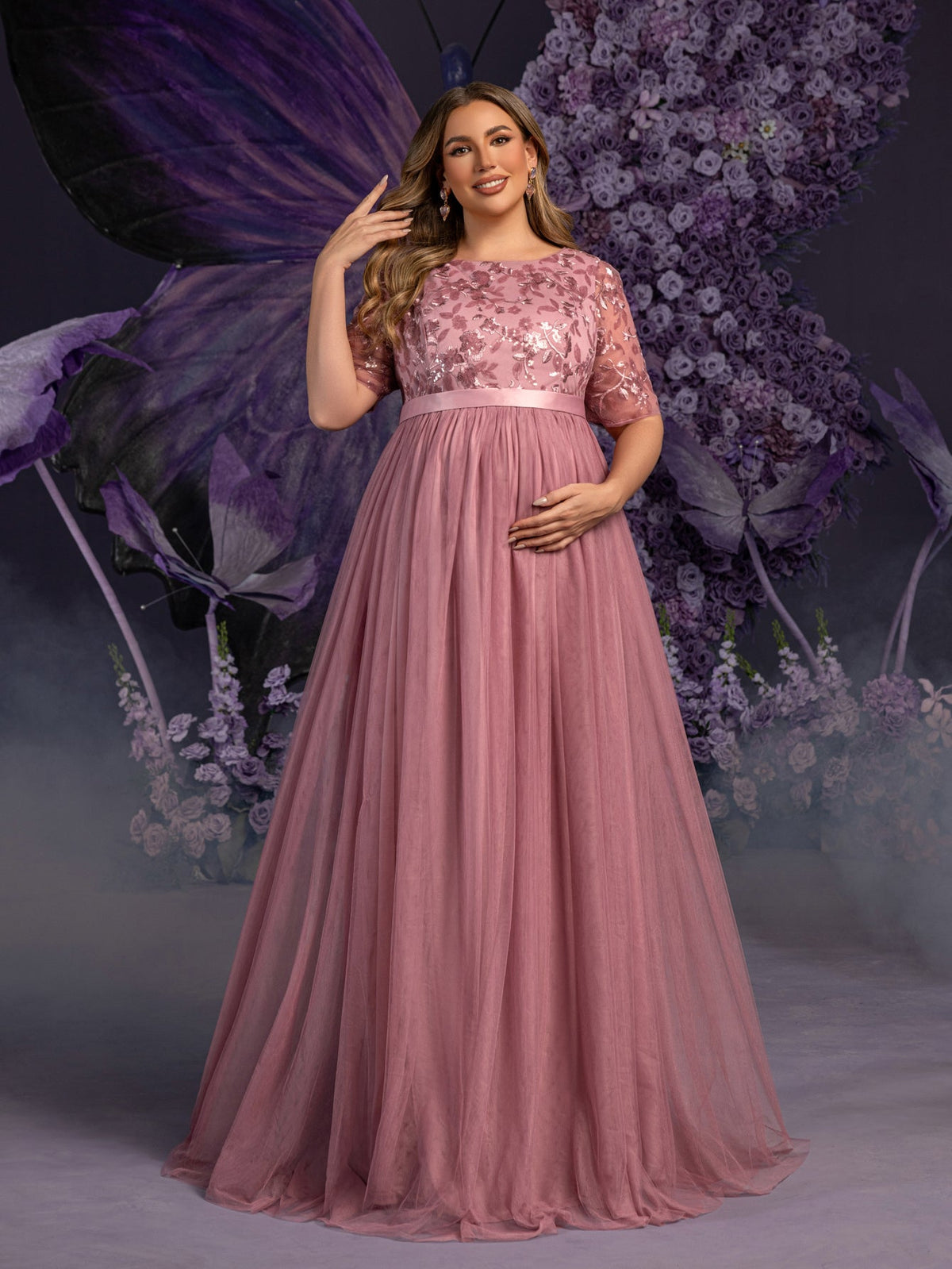 Plus-Size Mesh A-Line Sequin Maxi Maternity Evening Dress in Mauve