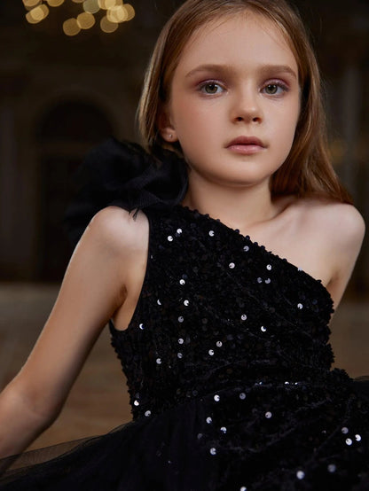 Additional product view of Layered Hem One-Shoulder Sequin A-Line Sleeveless Tween Girls' Party Dress