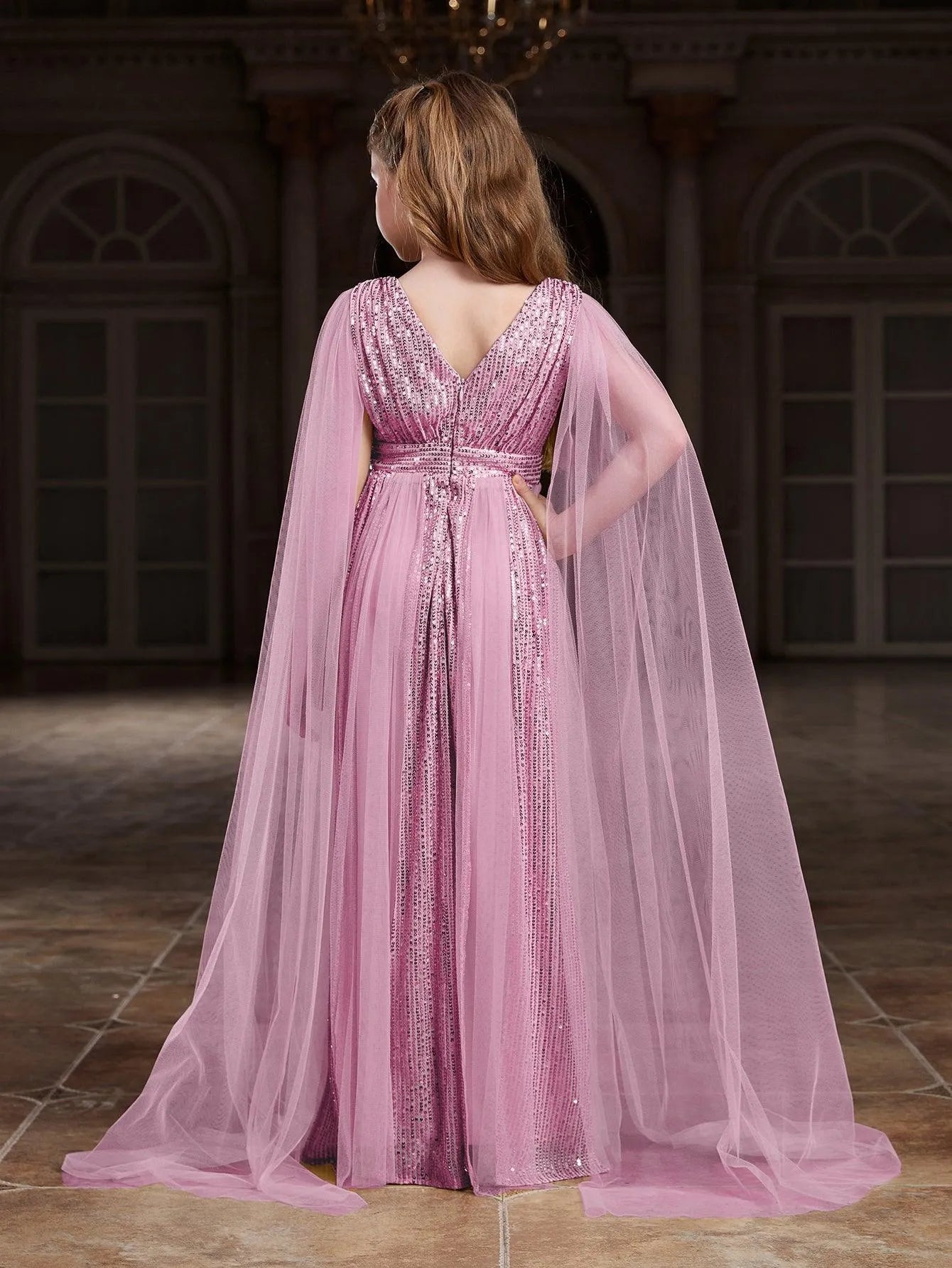 Additional product view of Contrast Mesh Cape-Sleeve V-Neck Sequin A-Line Tween Girls' Party Dress