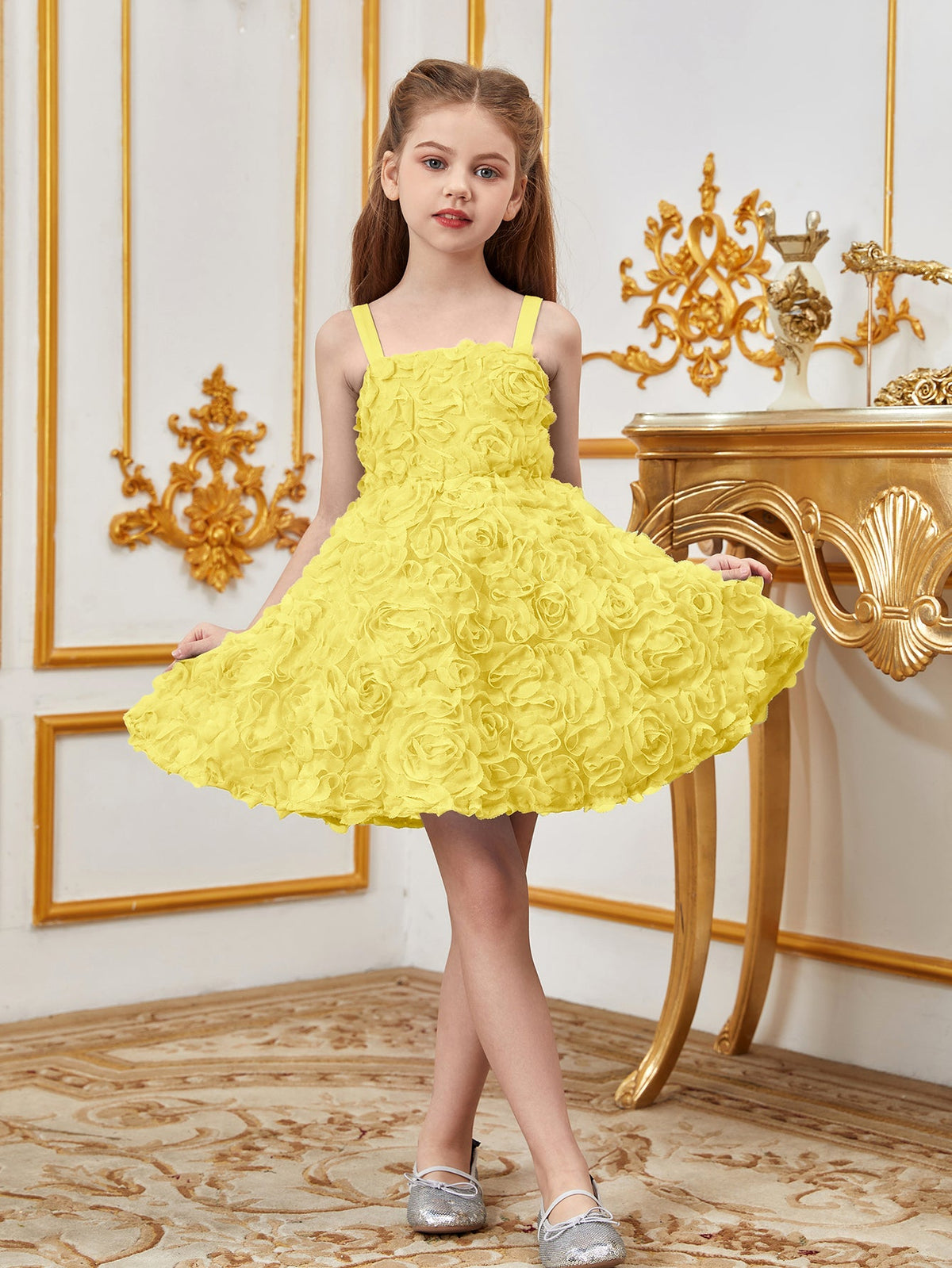 Alternate view of Floral Appliqué Cami Strap A-Line Sleeveless Mesh Tween Girls' Party Dress in Yellow