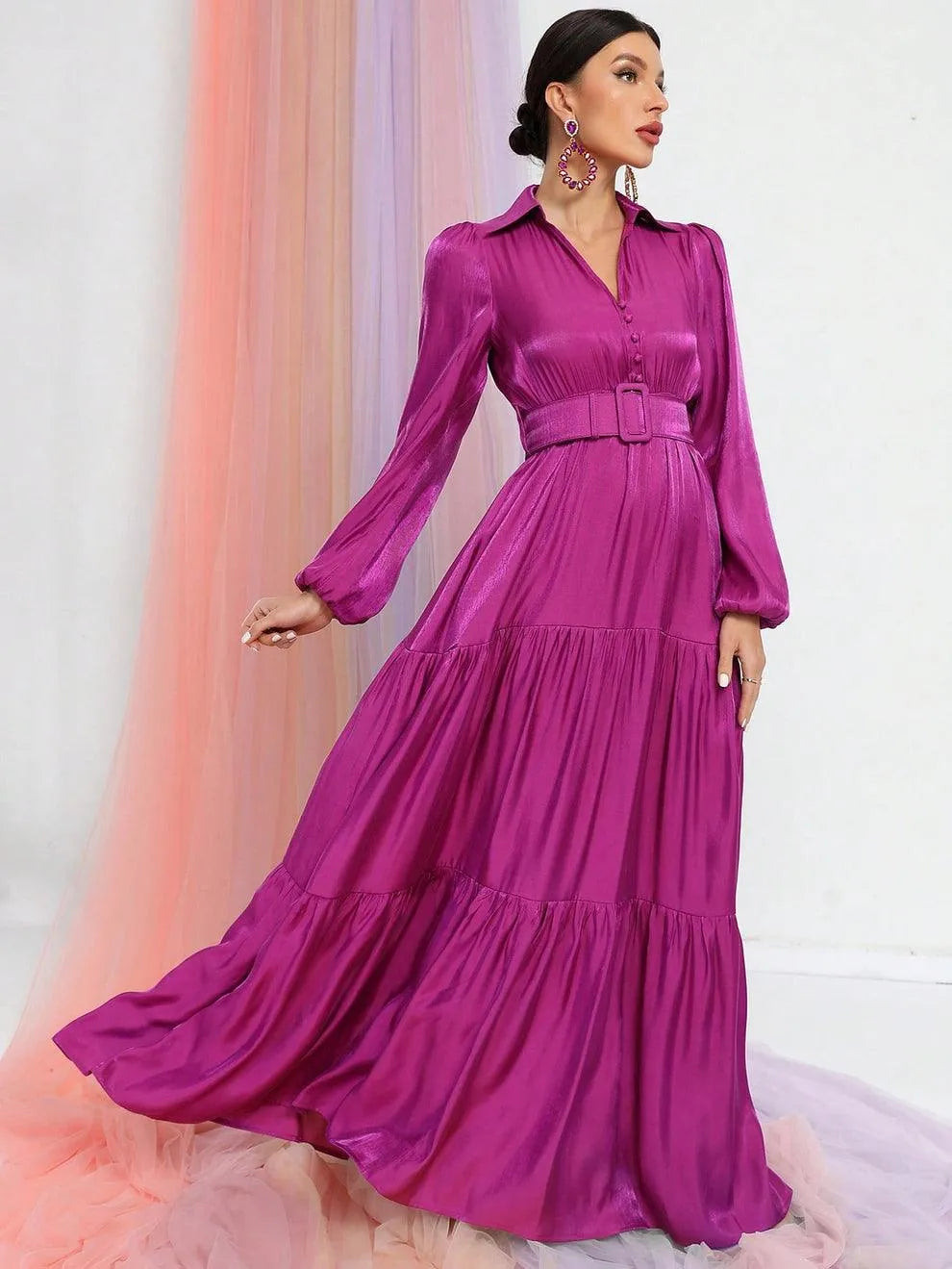 Additional product view of Belted Chiffon A-Line Long-Sleeve Maxi Evening Gown
