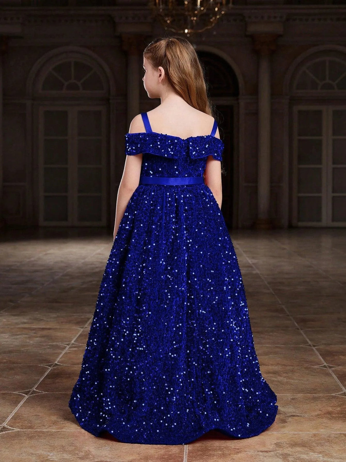 Additional product view of High-Low Hem Off-Shoulder Sequin A-Line Short-Sleeve Tween Girls' Party Dress