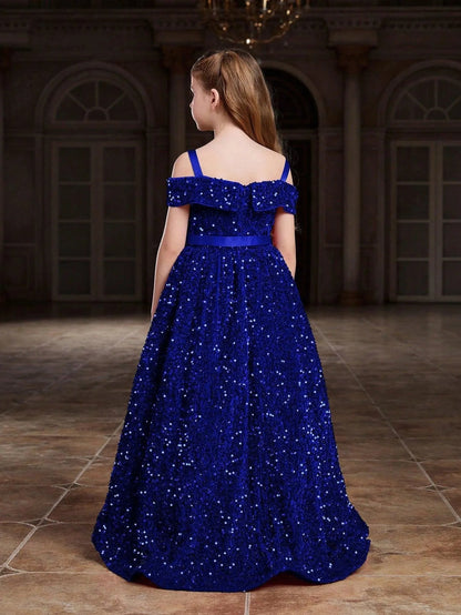Additional product view of High-Low Hem Off-Shoulder Sequin A-Line Short-Sleeve Tween Girls' Party Dress