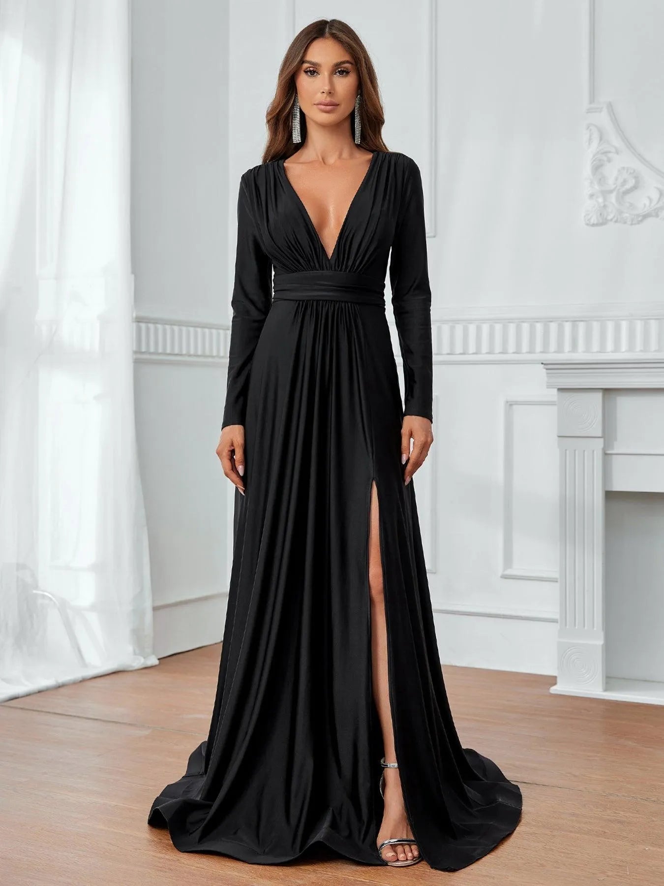 Additional product view of Plunging-Neck V-Neck Knit High-Slit A-Line Evening Gown