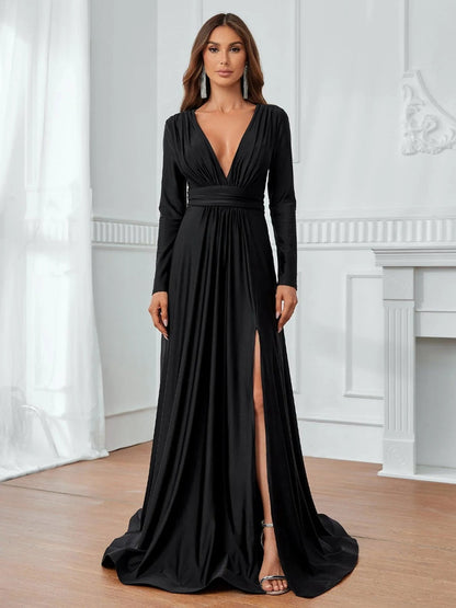 Additional product view of Plunging-Neck V-Neck Knit High-Slit A-Line Evening Gown