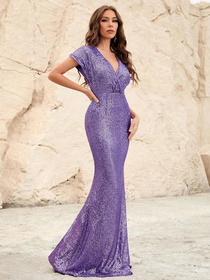 Additional product view of Surplice-Neck Batwing-Sleeve V-Neck Sequin Mermaid Evening Gown
