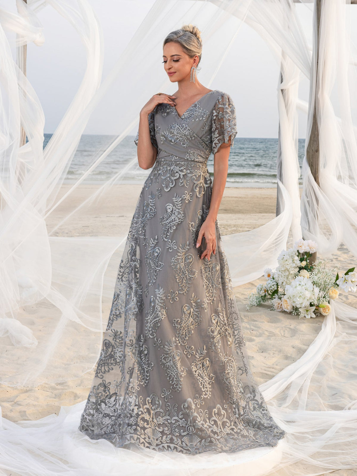 Additional product view of Lace V-Neck Short-Sleeve A-Line Maxi Mother-of-the-Bride Dress