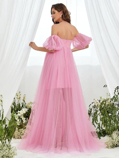 Additional product view of Mesh Overlay Puff-Sleeve Off-Shoulder A-Line Maxi Maternity Evening Dress