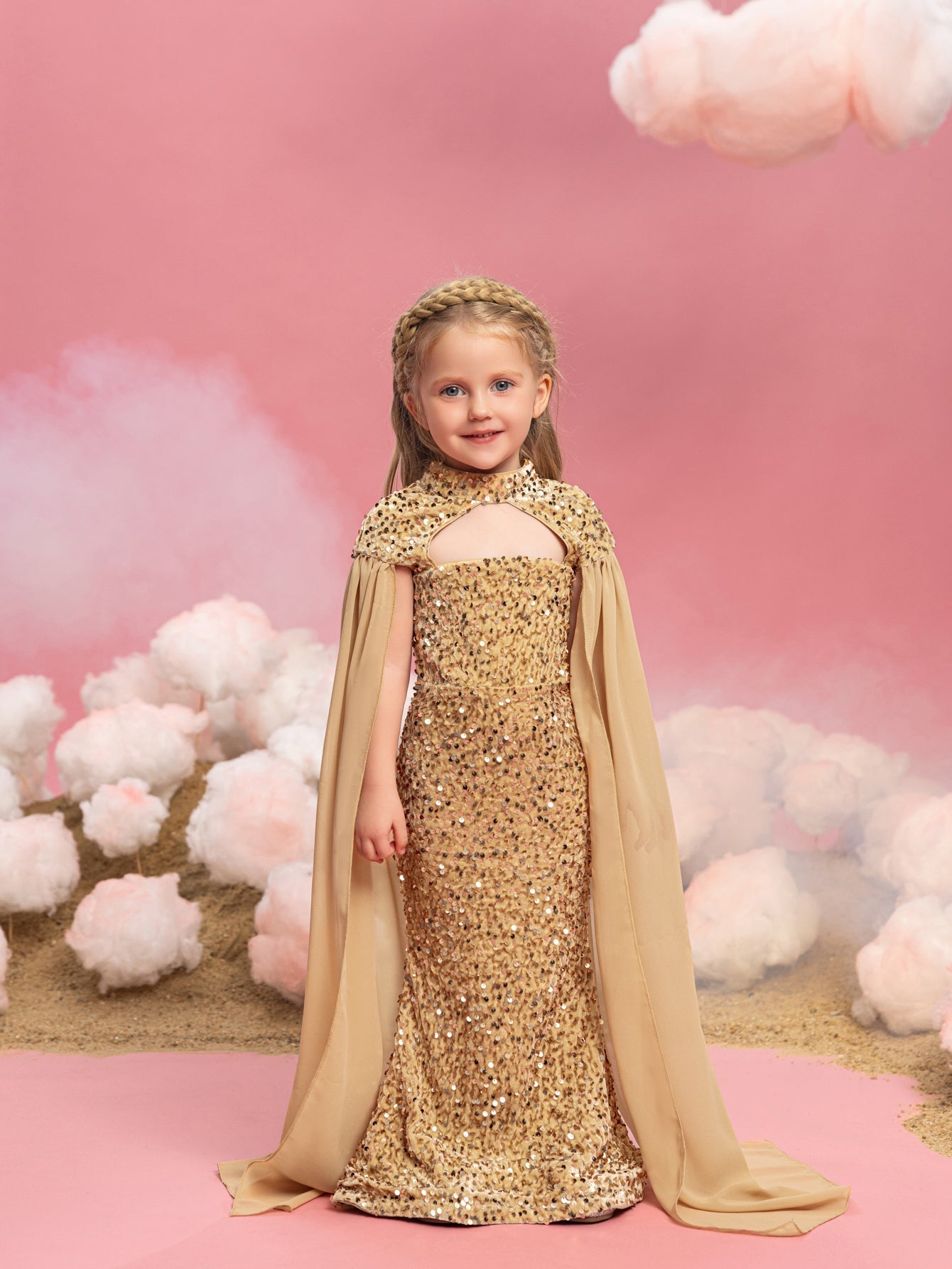 Alternate view of Cape-Sleeve Mock-Neck Sequin Mermaid Maxi Young Girls' Party Dress in Champagne