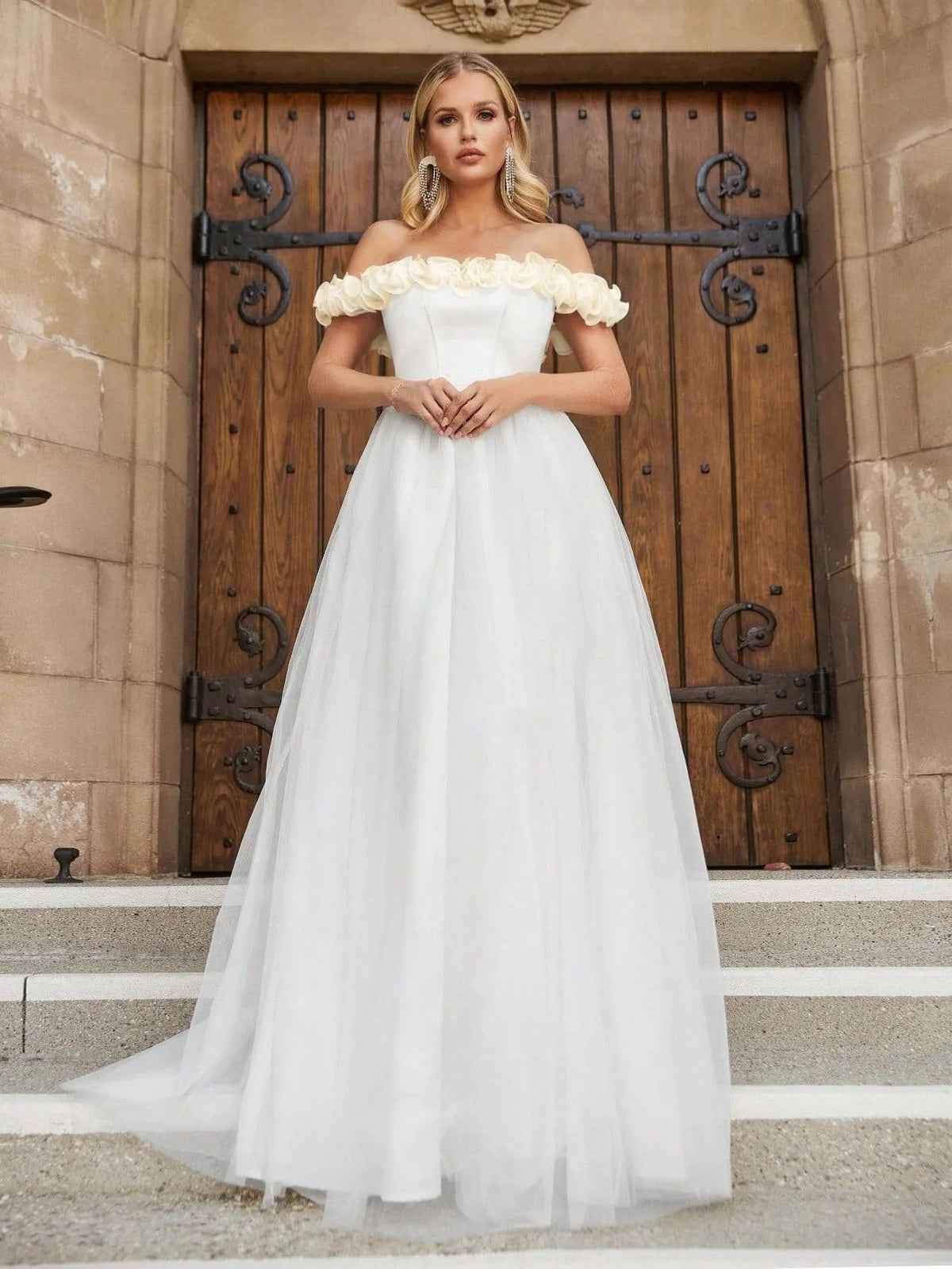 Off-Shoulder Satin Short-Sleeve A-Line Wedding Gown — authorized product image 3