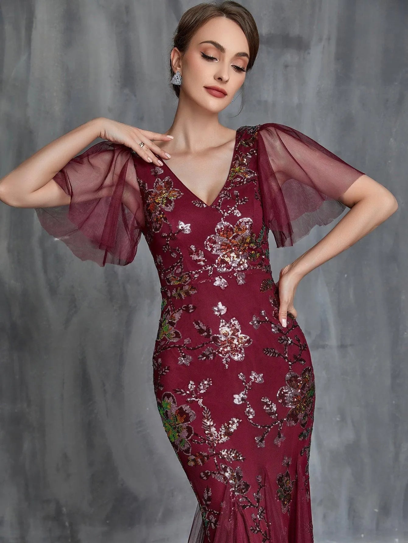 Additional product view of V-Neck Short-Sleeve Mermaid Sequin Maxi Mother-of-the-Bride Dress