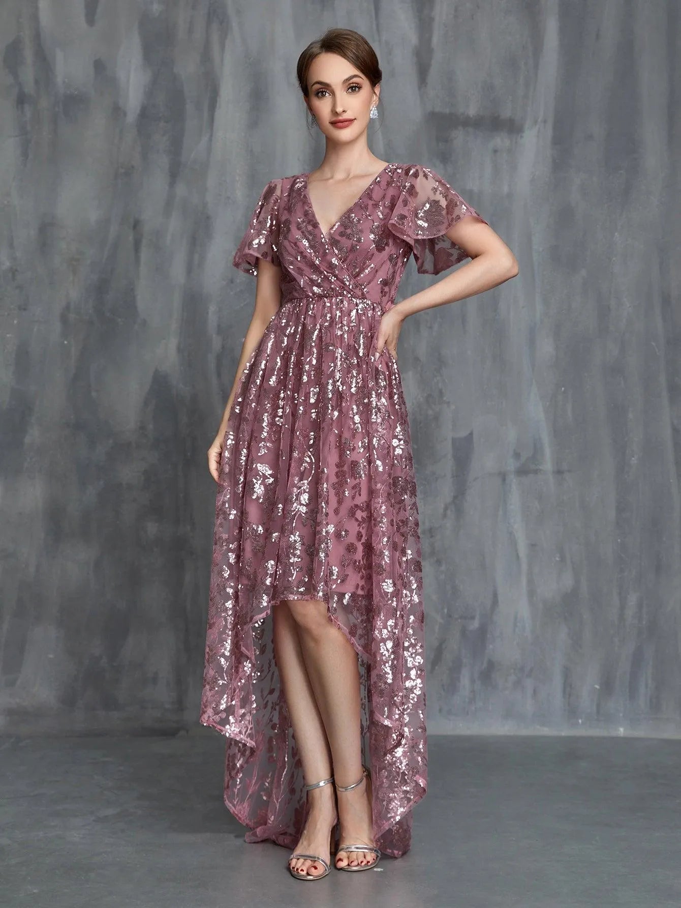 Women's Surplice Neck High-Low Hem Sequin Party Dress – view 3