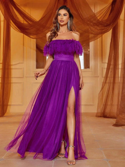Alternate view of Ruffle Trim High-Slit Off-Shoulder Mesh A-Line Evening Gown in Purple