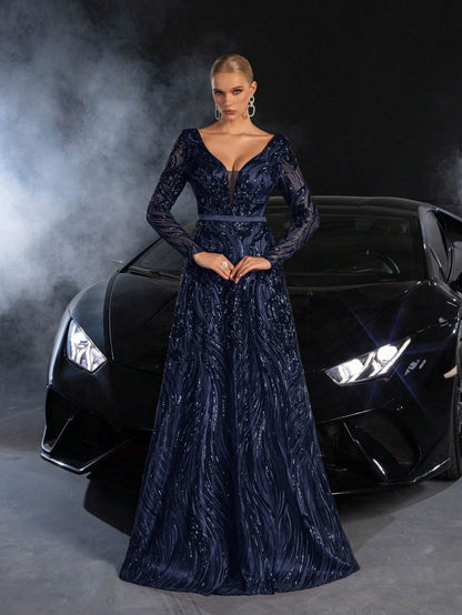 Elegant Plunging Neck Lace-up Back Graphic Sequin Formal Prom Dress