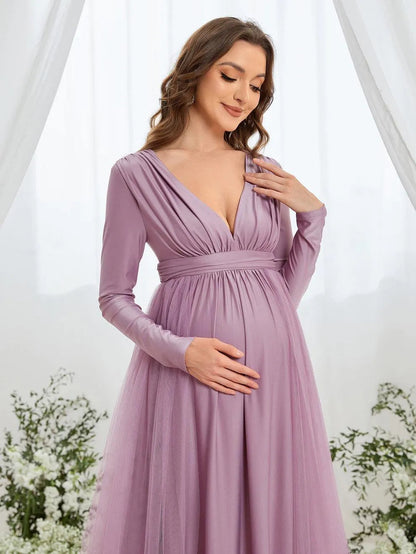 Additional product view of Contrast Mesh Plunging-Neck V-Neck Knit A-Line Maternity Evening Dress