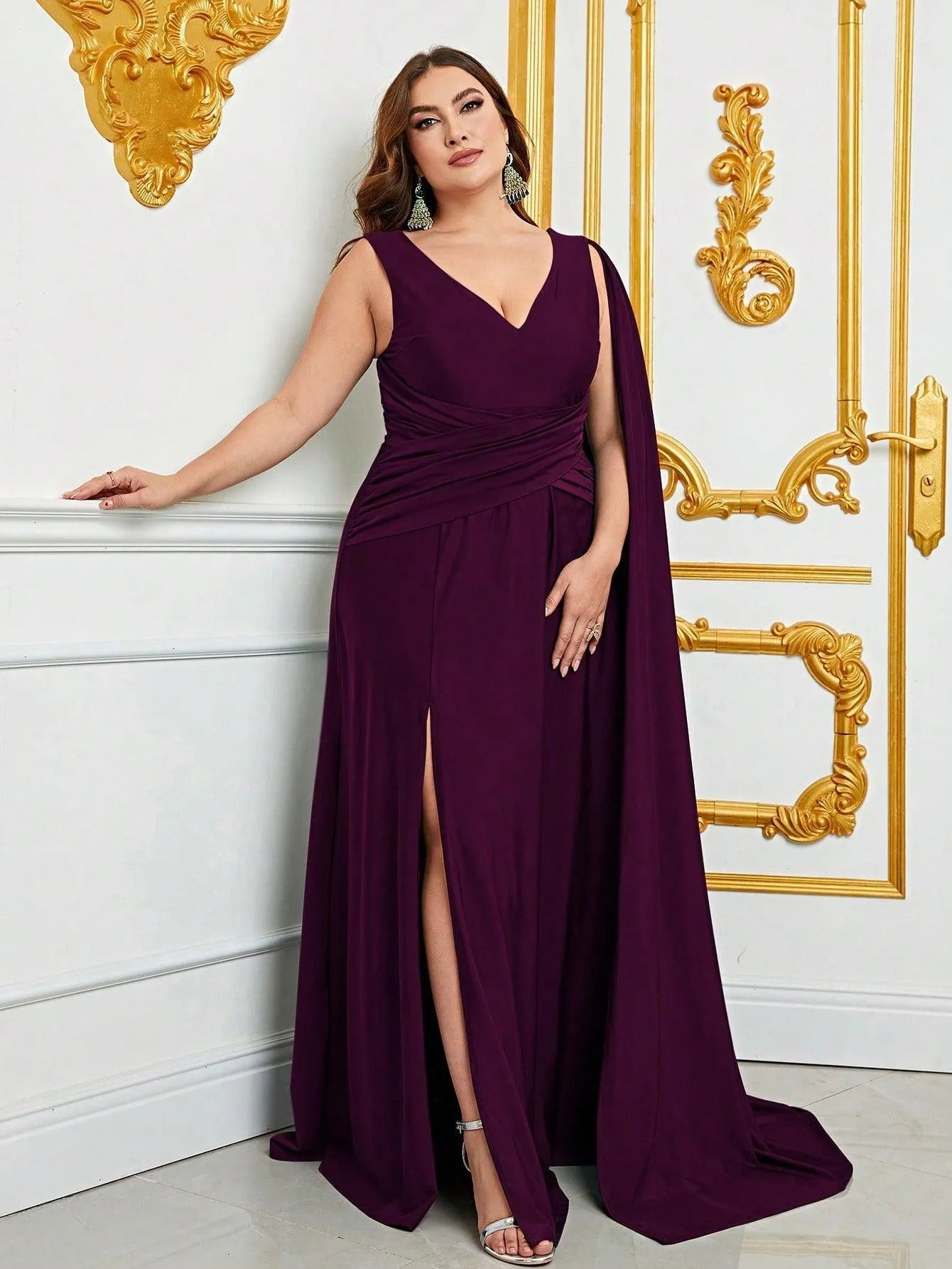 Plus Ruched Draped Side Split Party Dress Bridesmaids Dress