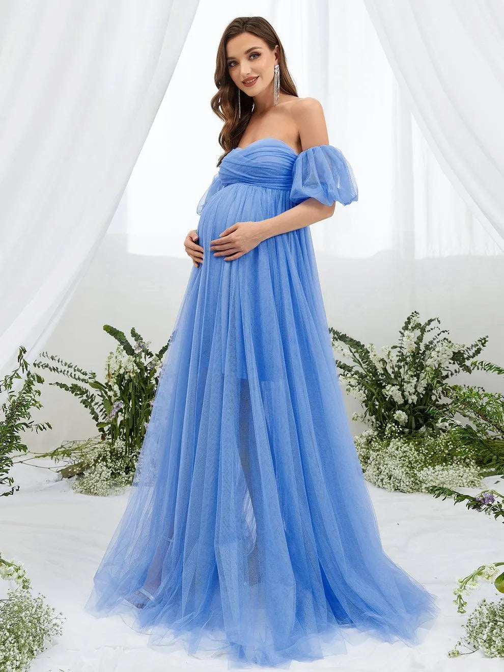 Additional product view of Mesh Overlay Puff-Sleeve Off-Shoulder A-Line Maxi Maternity Evening Dress