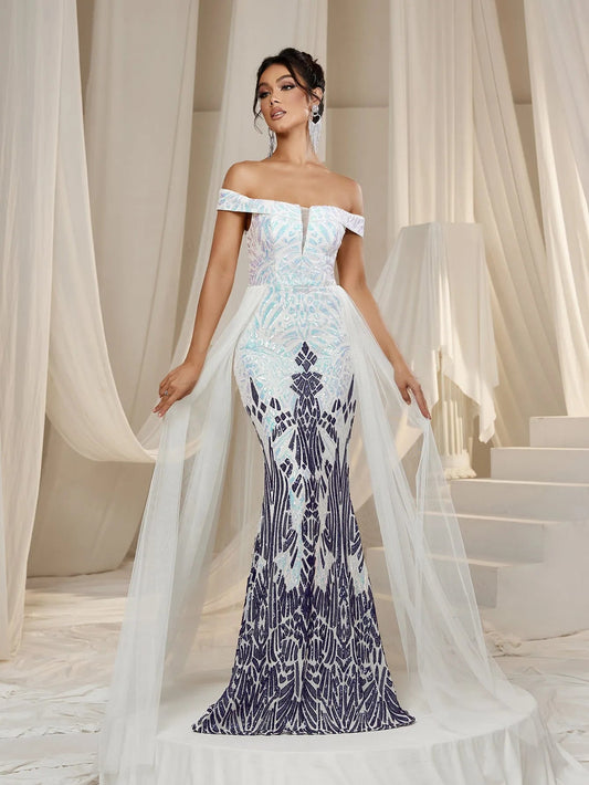 Off-Shoulder Mesh Overlay Mermaid Hem Graphic Sequin Formal Party Dress — authorized product image 1