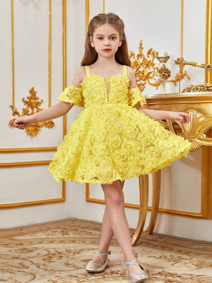 Alternate view of Floral Appliqué Cami Strap Off-Shoulder A-Line Short-Sleeve Tween Girls' Party Dress in Yellow