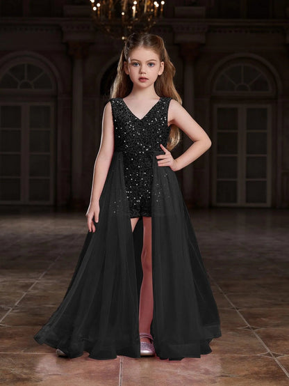 Additional product view of Mesh Overlay V-Neck Sequin Sleeveless Tween Girls' Formal Romper