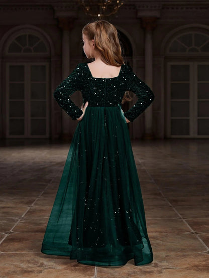 Additional product view of Square-Neck Sequin Mermaid Long-Sleeve Maxi Tween Girls' Party Dress