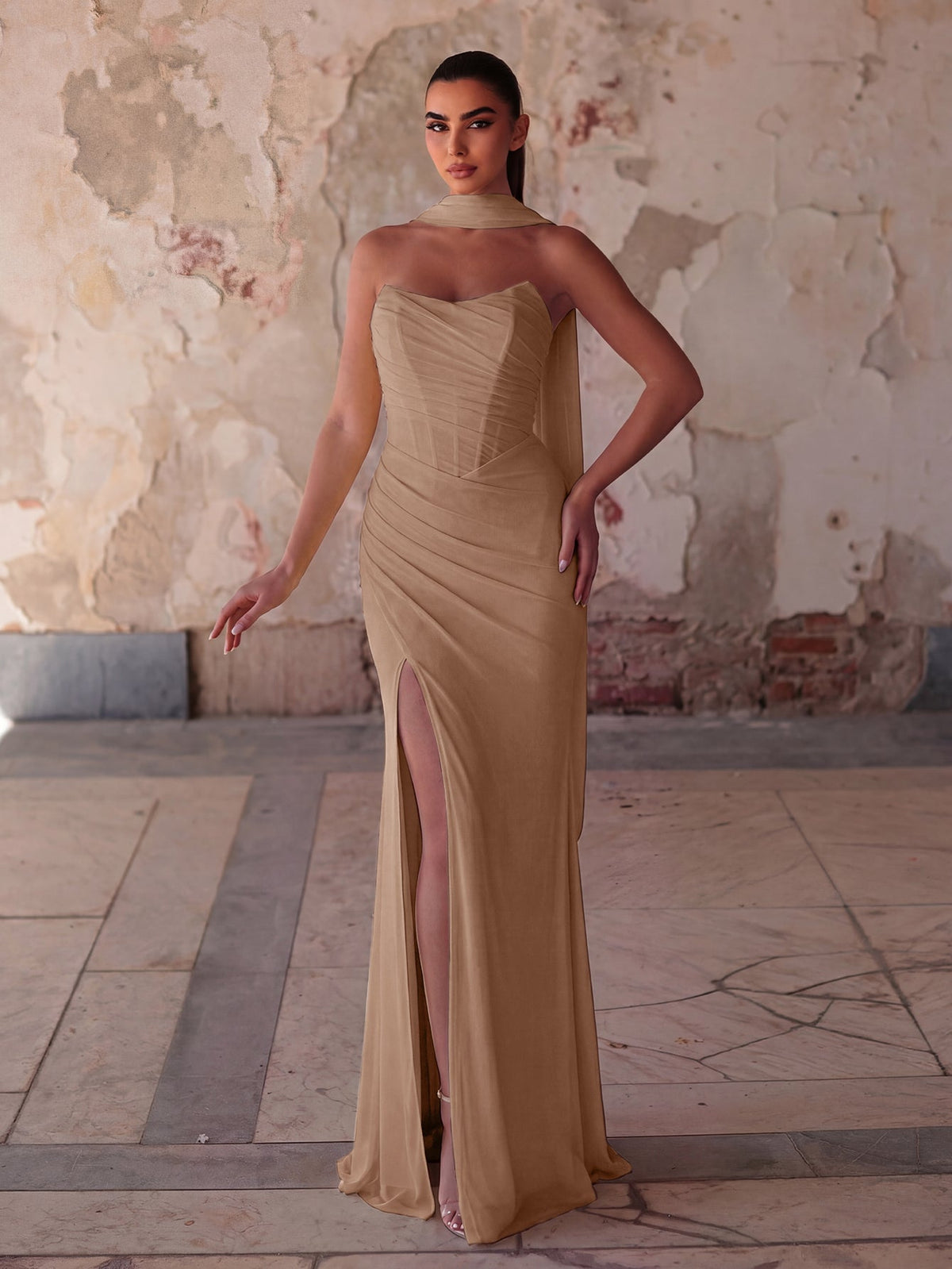 Alternate view of Lace-Up Back Strapless High-Slit Mermaid Sleeveless Evening Gown in Khaki