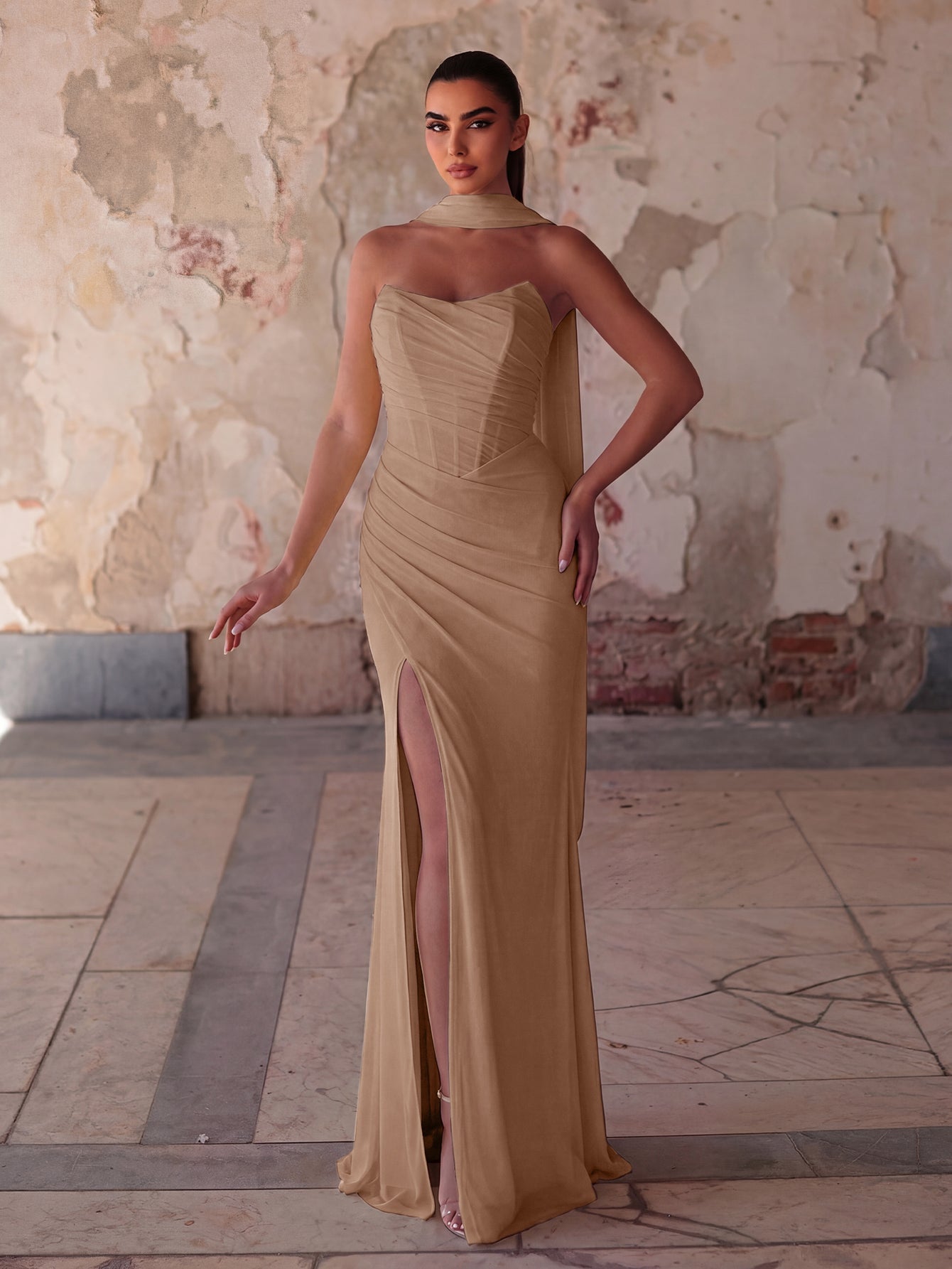 Alternate view of Lace-Up Back Strapless High-Slit Mermaid Sleeveless Evening Gown in Khaki