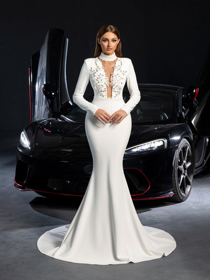 Mermaid Hem Knit Mock-Neck Long-Sleeve Appliqué Wedding Dress in White