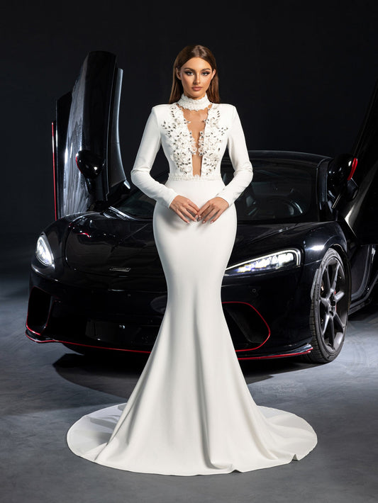 Mermaid Hem Knit Mock-Neck Long-Sleeve Appliqué Wedding Dress in White