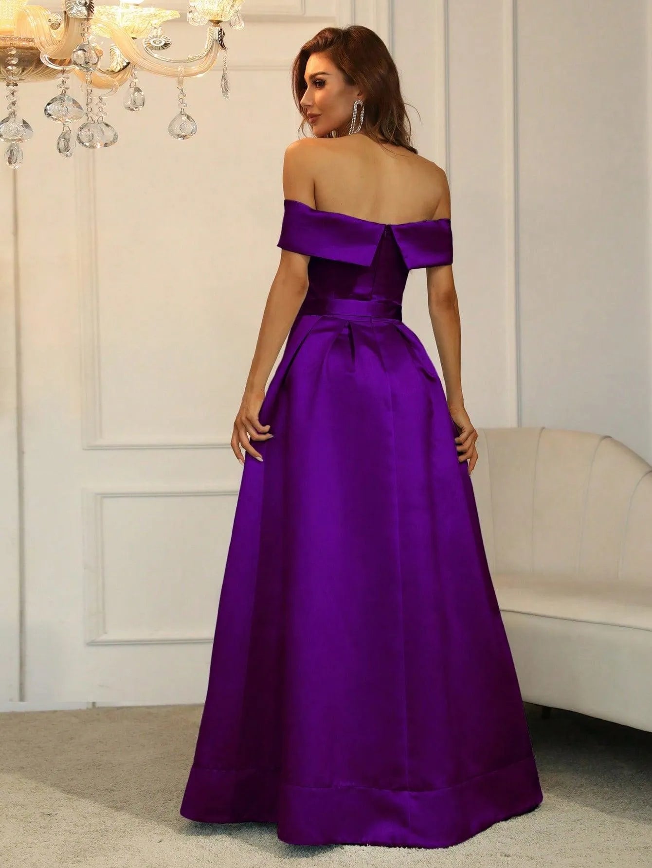 Additional product view of Belted Off-Shoulder Satin High-Slit A-Line Evening Gown