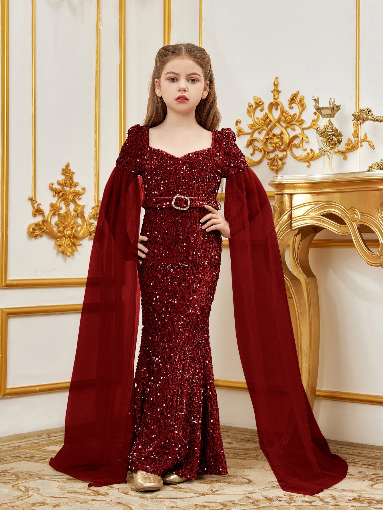 Alternate view of Cloak-Sleeve Belted Sweetheart-Neck Sequin Mermaid Tween Girls' Party Dress in Burgundy