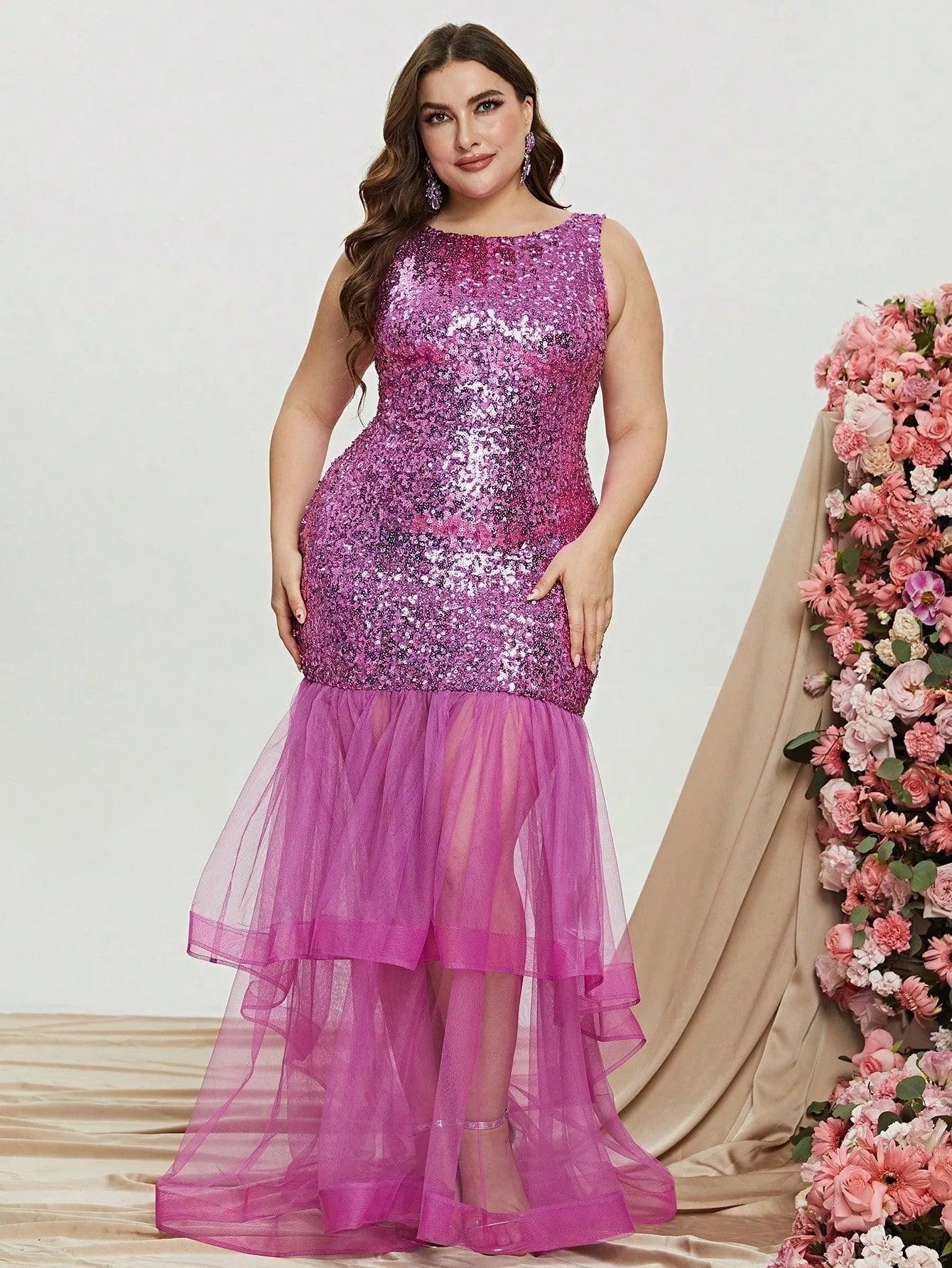 Fuchsia plus-size sequin mermaid prom dress with layered mesh skirt