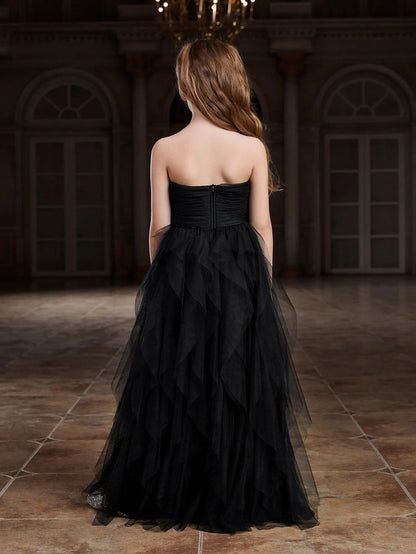 Additional product view of Layered Hem Strapless A-Line Sleeveless Mesh Tween Girls' Party Dress