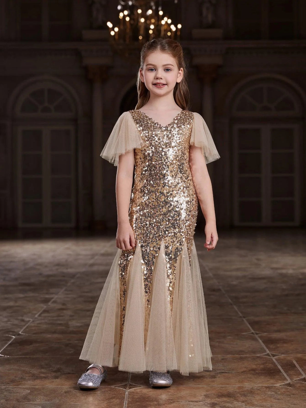 Tween Girls' Butterfly Sleeve Mesh Insert Sequin Party Dress — authorized product image 3