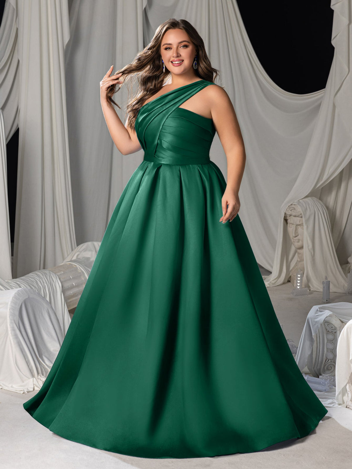 Plus-Size One-Shoulder Satin Pleated Sleeveless A-Line Evening Gown — authorized product image 1