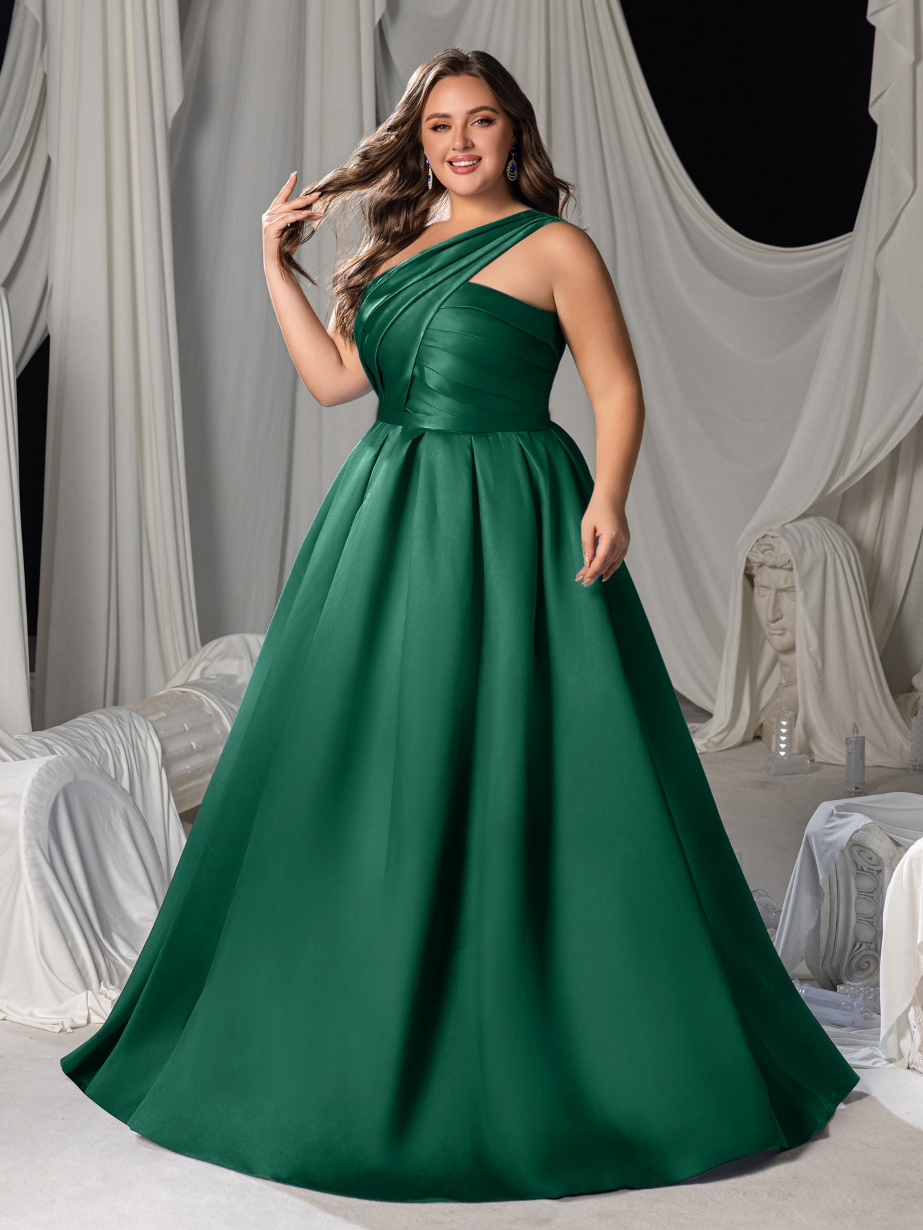 Plus-Size One-Shoulder Satin Pleated Sleeveless A-Line Evening Gown — authorized product image 1