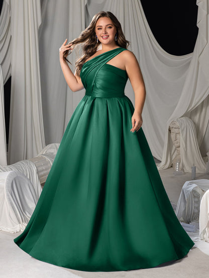 Plus-Size One-Shoulder Satin Pleated Sleeveless A-Line Evening Gown — authorized product image 1