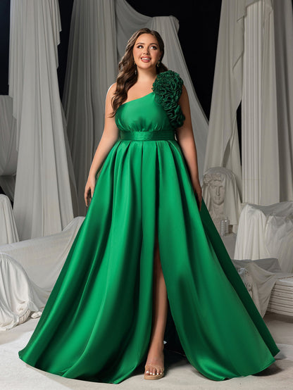 Plus Women's One-Shoulder Formal Dress | Statement Ruffle Trim Accent | Corset Back & High Split – view 6