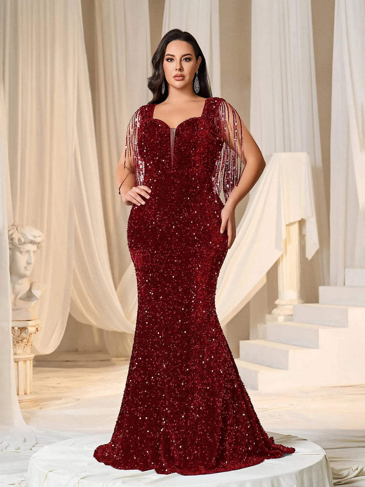Plus Sweetheart Neck Mermaid Hem Sequin Fringed Evening Dress