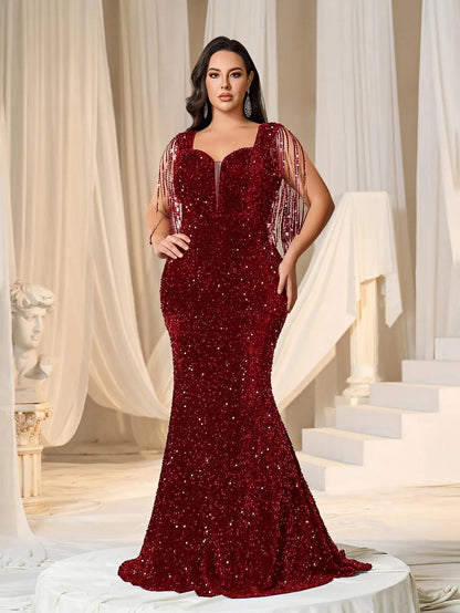 Plus Sweetheart Neck Mermaid Hem Sequin Fringed Evening Dress
