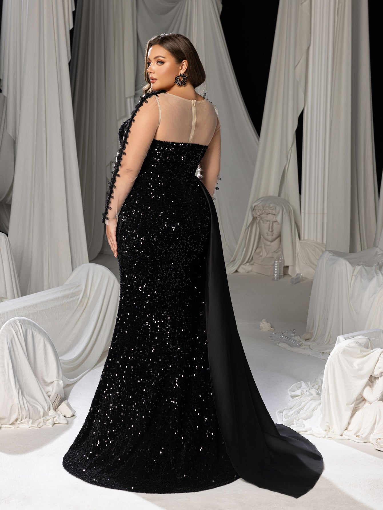 Plus Size Sequin Mermaid Evening Gown: Deep V-neck Front, Sheer sleeves & Thigh Slit – view 2