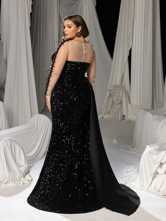 Plus Size Sequin Mermaid Evening Gown: Deep V-neck Front, Sheer sleeves & Thigh Slit – view 2