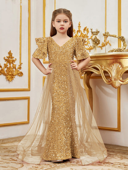 Alternate view of Mesh Overlay V-Neck Sequin Mermaid Short-Sleeve Tween Girls' Party Dress in Champagne