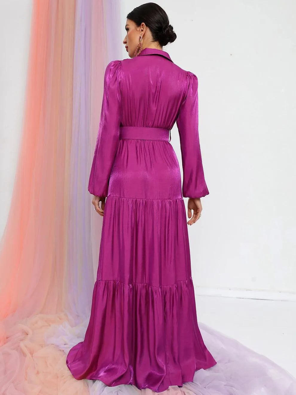 Additional product view of Belted Chiffon A-Line Long-Sleeve Maxi Evening Gown