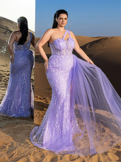 Plus-Size One-Shoulder Split Thigh Mermaid Hem Evening Gown — authorized product image 5