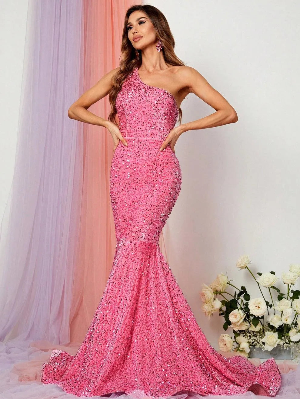 Additional product view of One-Shoulder Sequin Mermaid Sleeveless Maxi Evening Gown