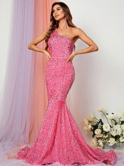 Additional product view of One-Shoulder Sequin Mermaid Sleeveless Maxi Evening Gown